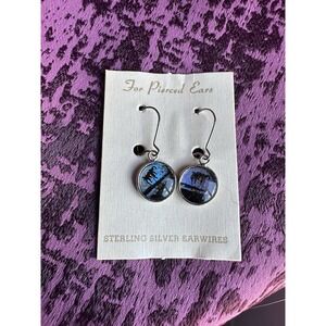 Vintage Morpho Butterfly Wing Sterling Silver Ear Hooks, New Old Stock Earrings